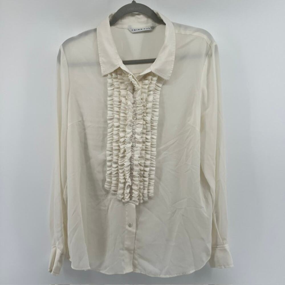 Trina Turk Ruffle Front Button Down Blouse Ivory Womens L Long Sleeve Romantic